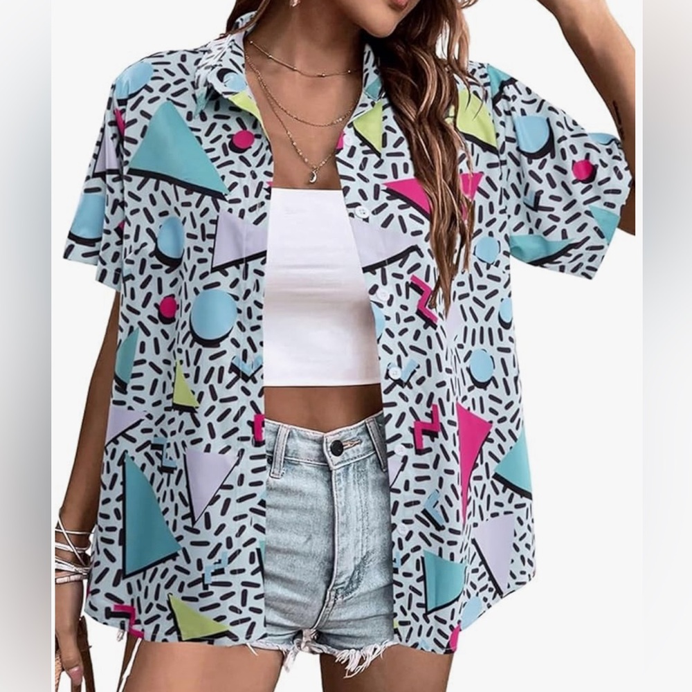 Women’s Oversized Geometric Print Button-Up Shirt - Multicolor